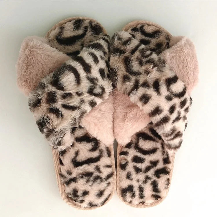 Hot Sales Women's Plus Size Leopard Print Cross Strap Open Toe for Slippers Soft Sole Warm Plush Slides for Spring and Winter MegaBDM