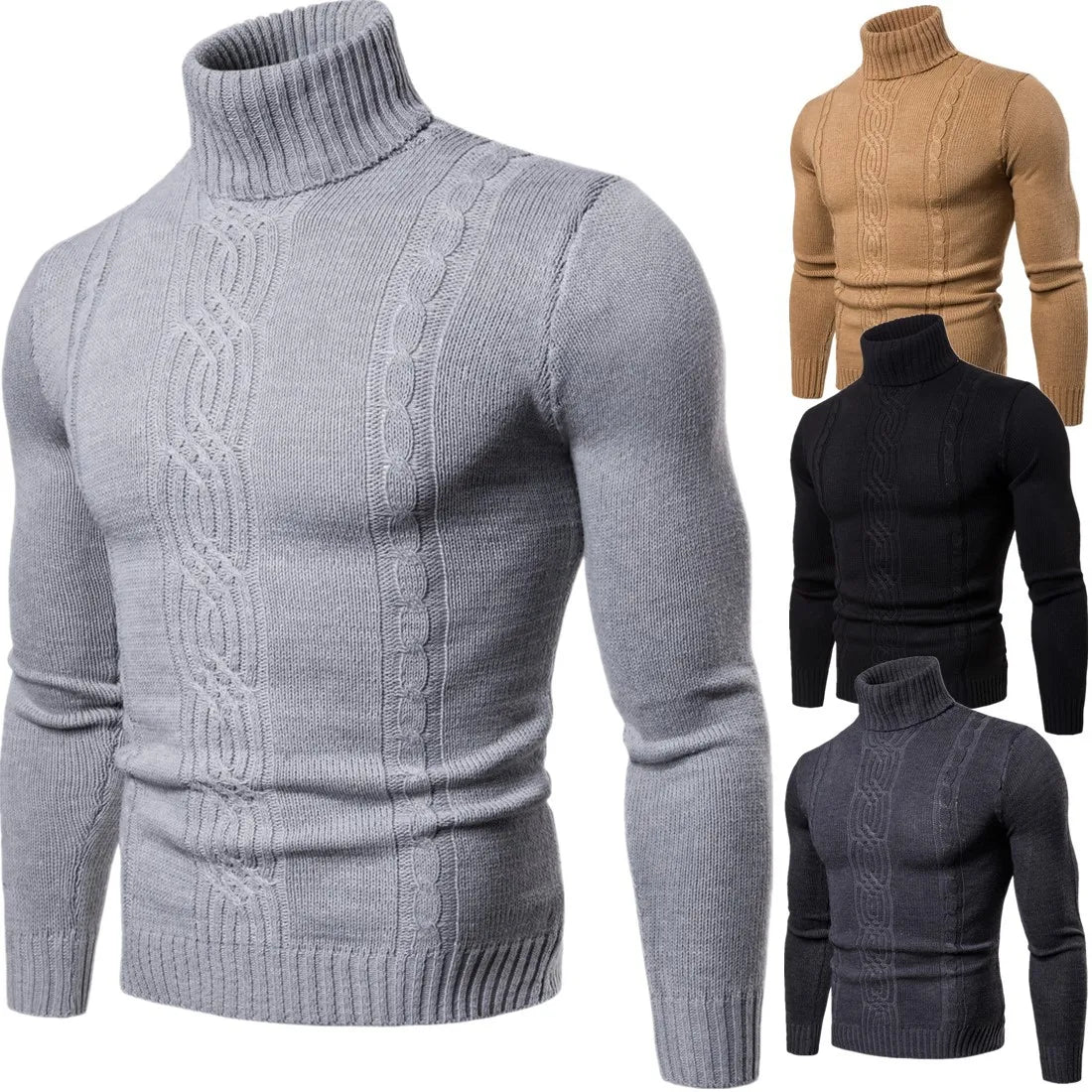 New Men's High Lapel Bottoming Shirt Knitted Sweater Fashion Casual Pullover Warm Solid Color Jacquard Slim Men's Sweater.