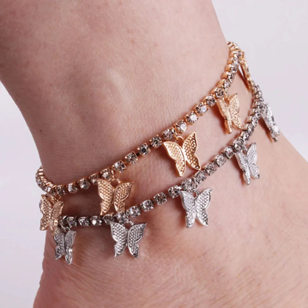 Rhinestone Beads Diamond pink butterfly Tennis Anklet Gold Silver