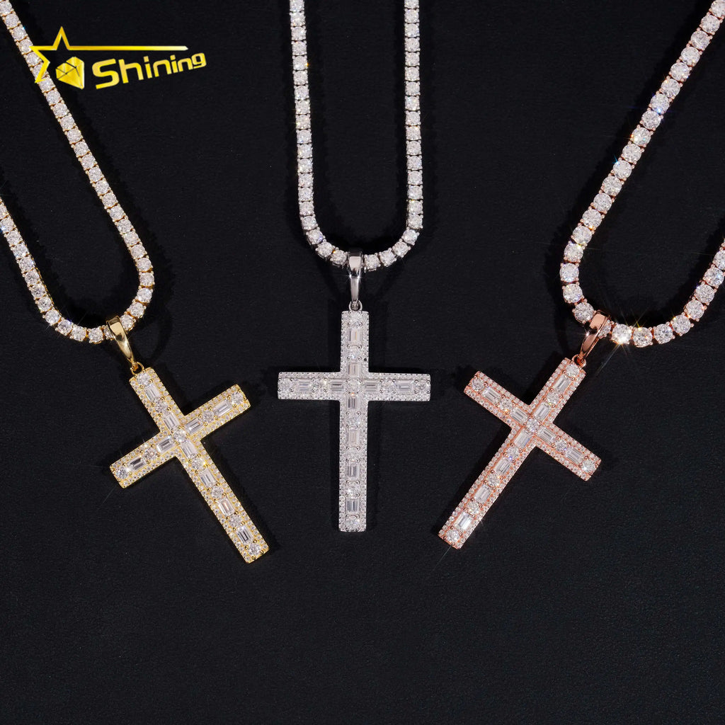 Hot Sale Baguette Moissanite Cross Pendant 925 Sterling Silver Gold Plated Pass Diamond Tester GRA Moissanite Charms Necklace