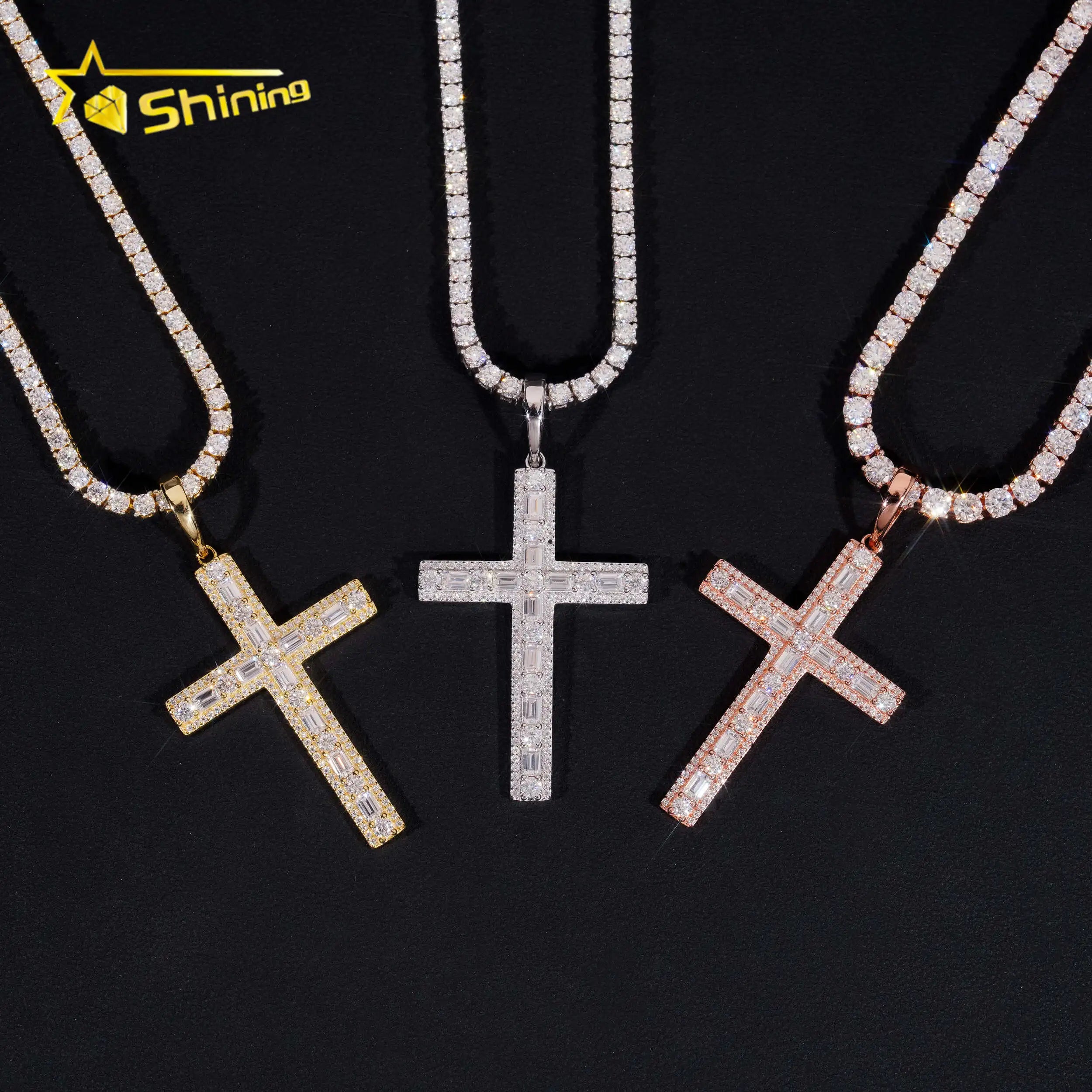 Hot Sale Baguette Moissanite Cross Pendant 925 Sterling Silver Gold Plated Pass Diamond Tester GRA Moissanite Charms Necklace