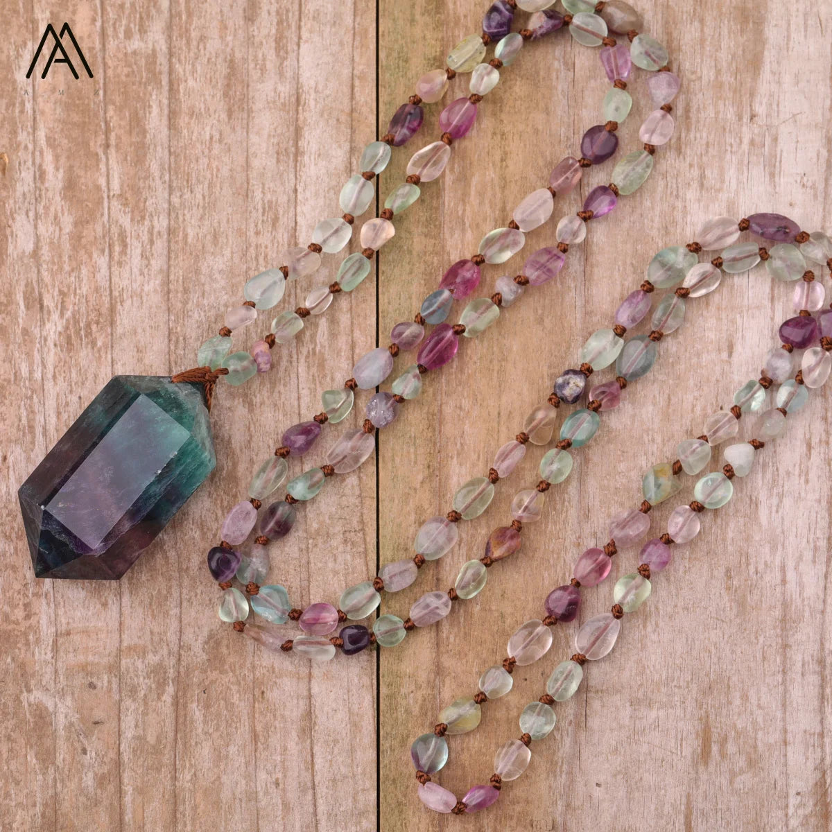 Bohemian Style Fluorite Necklace Double Point Rainbow Fluorite Pendant Mala for Yoga Wedding Party-Healing Jewelry Gift Idea