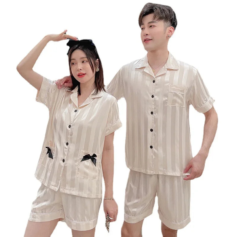 Men's Striped Printing Pajamas Male Summer Satin Silk Short Sleeve Shirts Shorts Men Plus Size Printed Home Clothes Suit