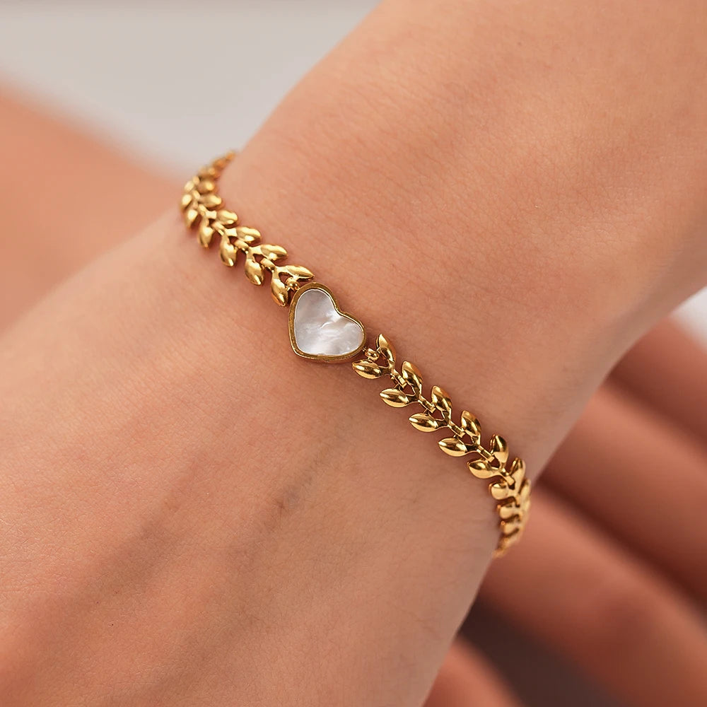 18K Gold Plated Stainless Steel Jewelry Wheat Chain Link Shell Heart Charm Bracelet Bangles Women