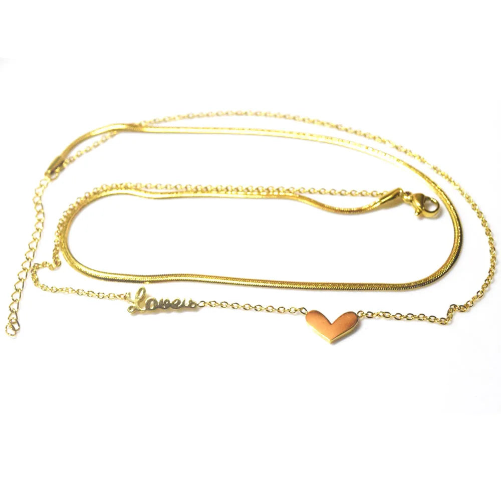 Boho Fashion Stainless Steel Snake Chain Two Layers Birthday Snake Chain Link Heart Pendant Necklace Women 18k Gold Plated