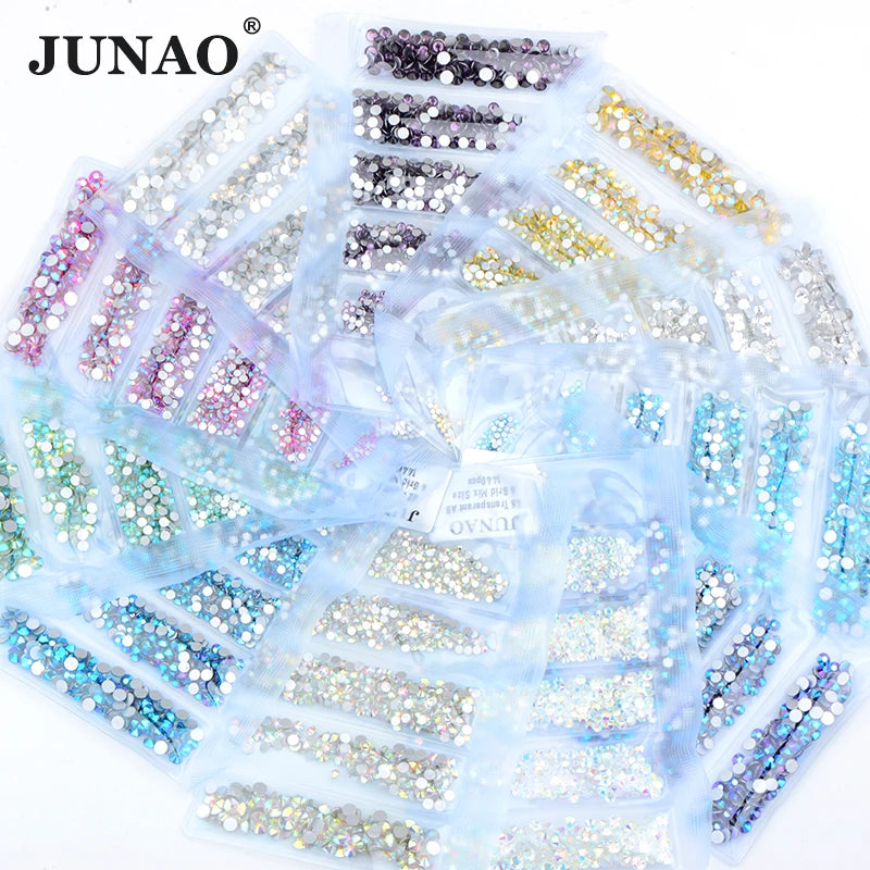 JUNAO Multi 6 Size SS4-SS16 Mixed Size Crystals Strass Glass Nail Rhinestones for Nails Art Decorations