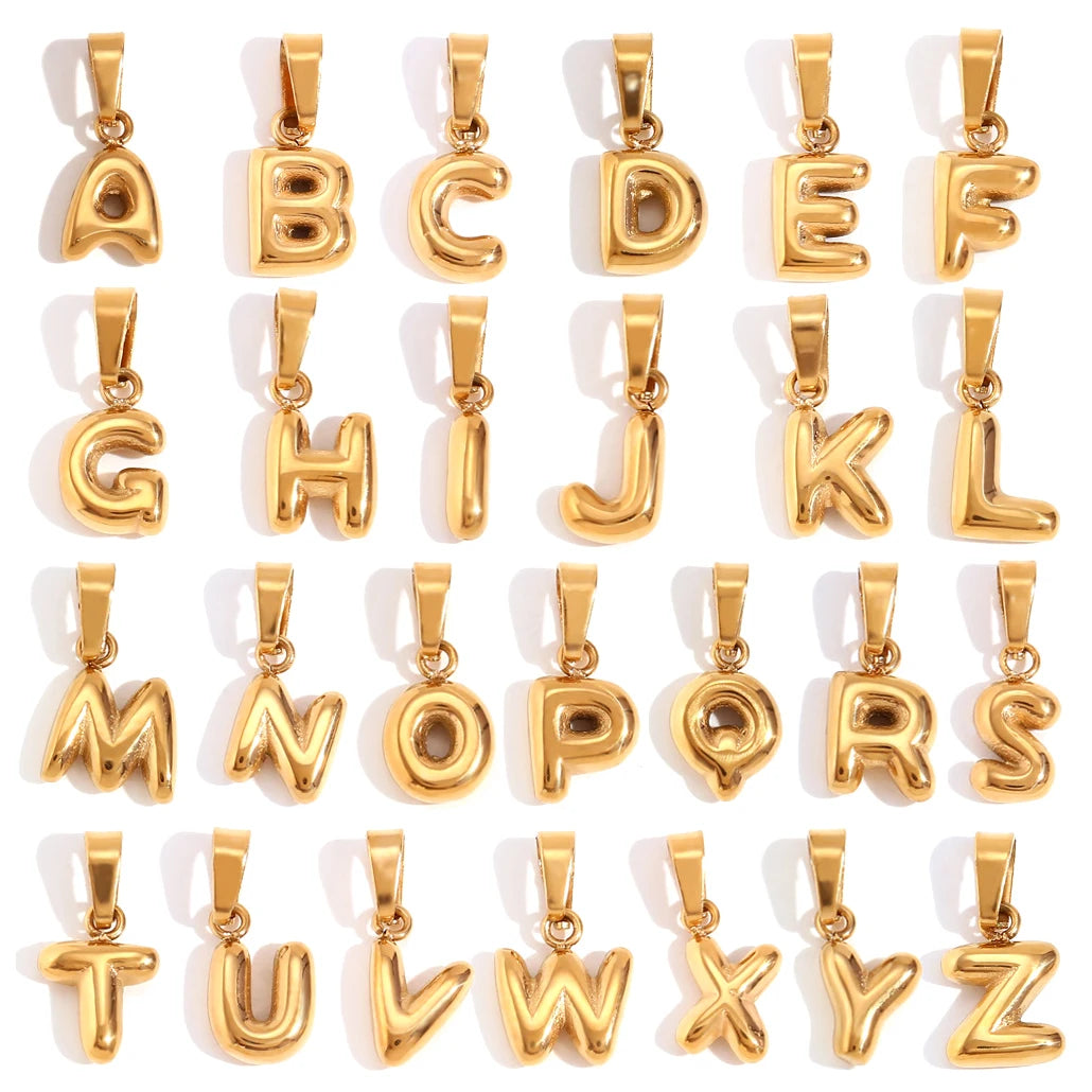 Mini Initial Letter Pendant Necklace 18K Gold Plated Stainless Steel Chubby Helium Balloon Bubble for Party Gifts Zircon Stone