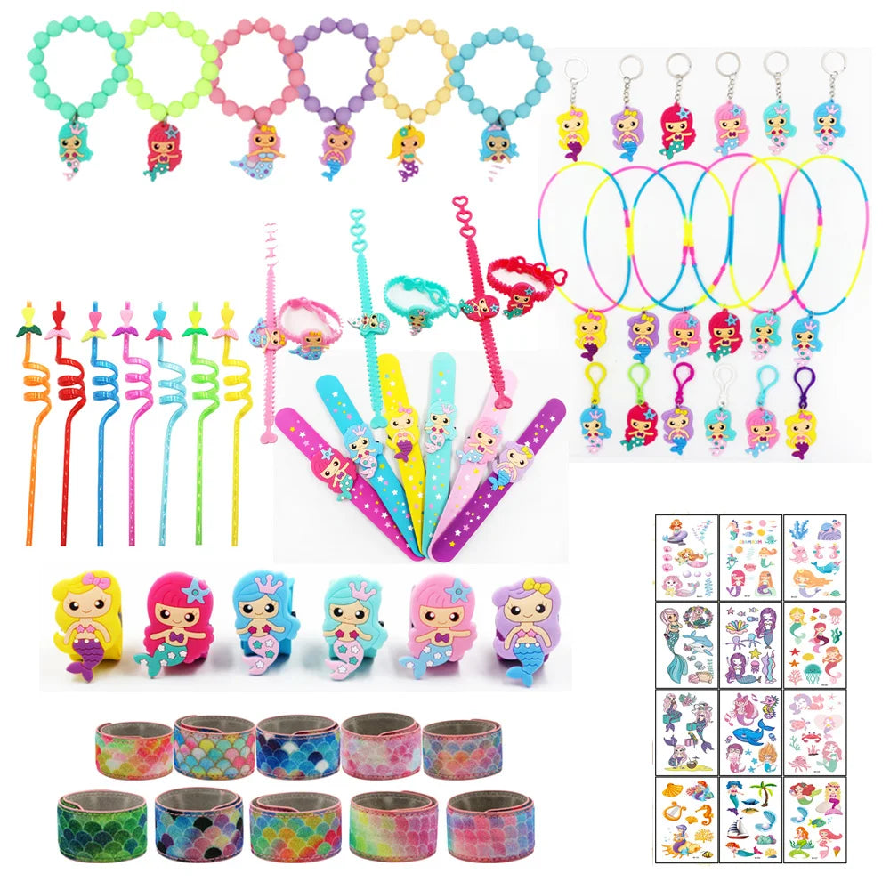 Mermaid Party Favors Accessories  Mermaid Tail Necklace Slap Bracelet Ring Keychain Temporary Tattoos Straw