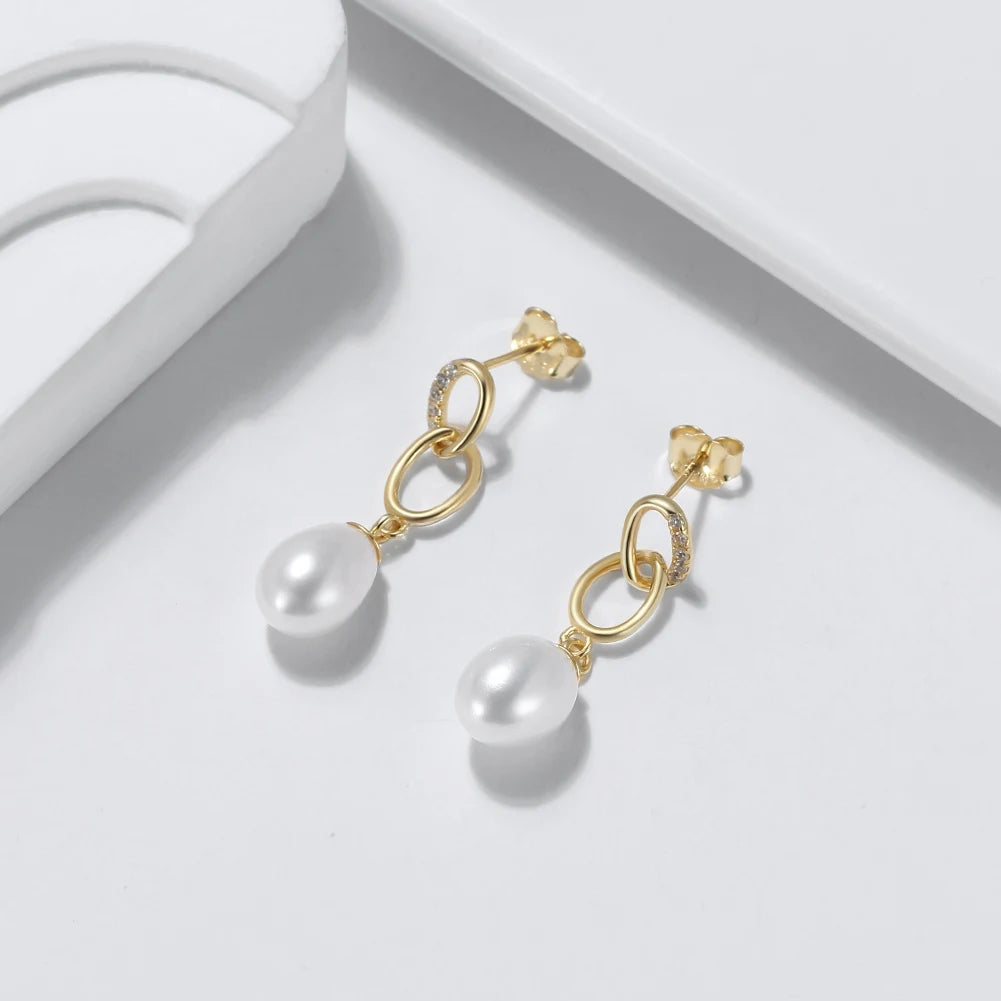 RINNTIN GPE67 Simple Style Freshwater Pearl Drop Earrings Chain with 4A Zircon Gold Plated 925 Sterling Silver Earrings