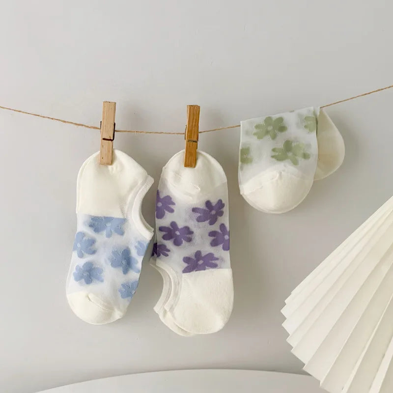 Summer Thin Fresh Floral Cotton Nylon Sheer Socks Non Slip No Show Women Socks