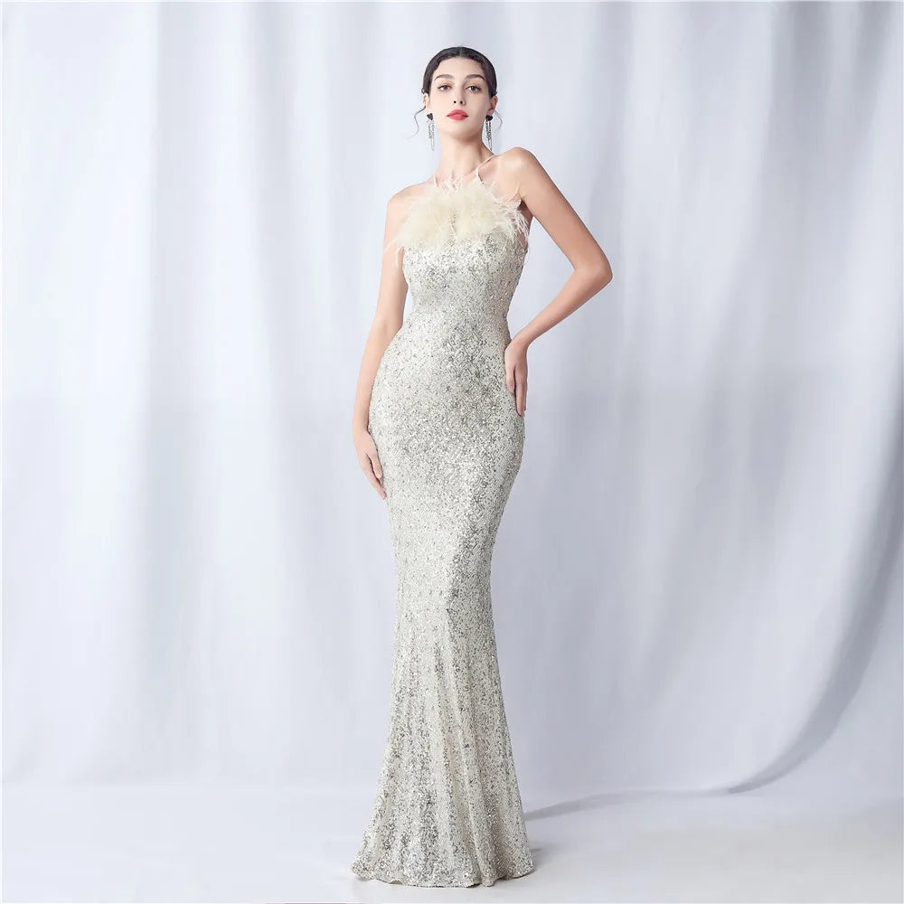 31582# 2024 Ostrich Wool Craft Order Bead Plaid Dinner Party Annual Evening Gown
