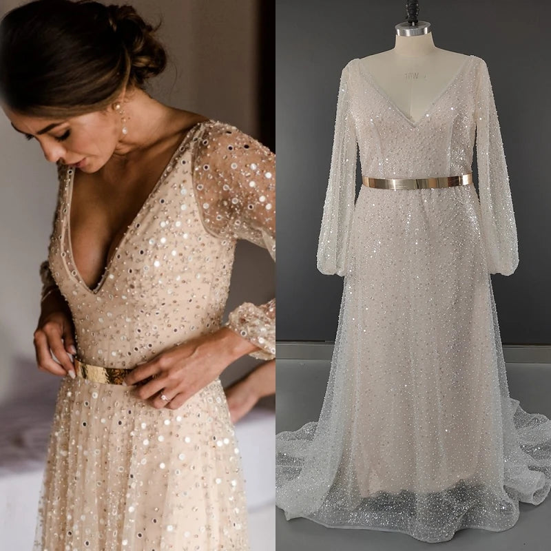 8877# Real Photos 2-In-1 Exquisite Lace Backless V-neck Shiny Sequined Wedding Dress Bridal Gown for Women With Belt