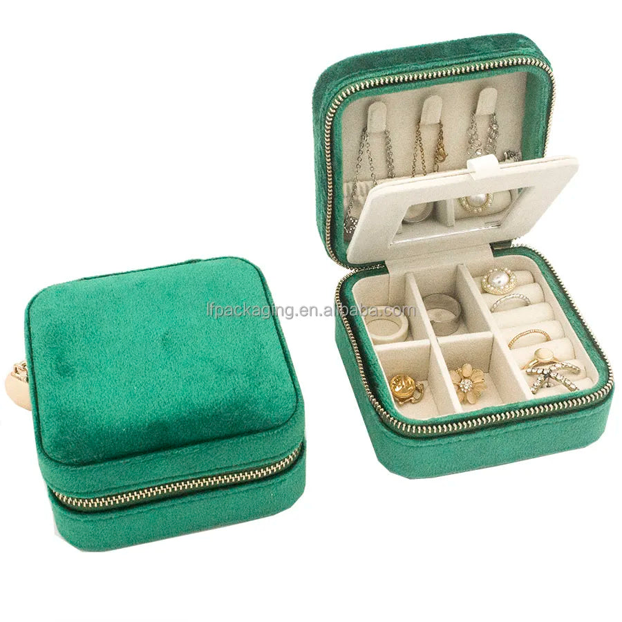 Sumptuous Beautiful Surface Travel Jewelry Box Velvet Zipper Closure Mirror Jewelries Organizer