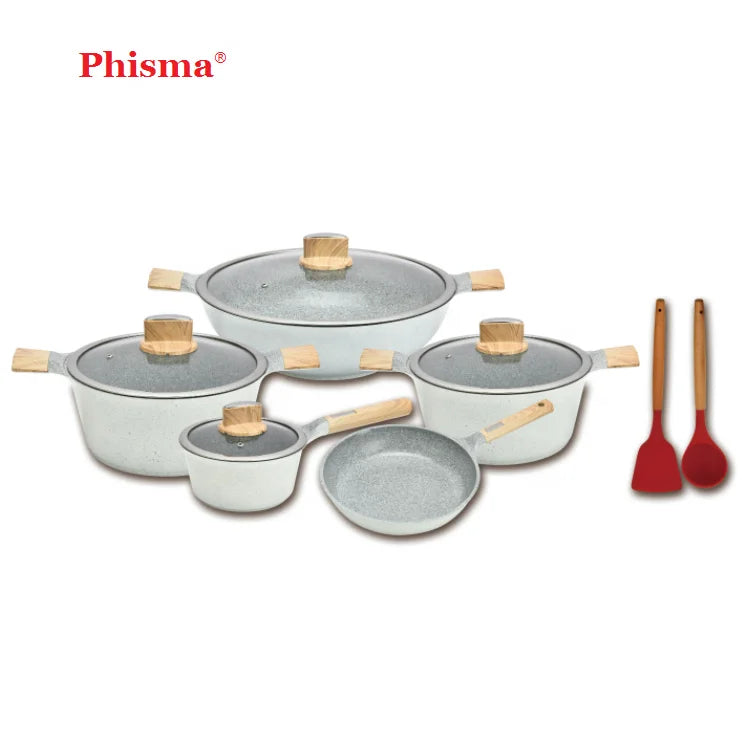 Phisma Best  Selling Kitchen  Cookware Granite Coating  Wholesale Pots and Fry Pans Sets  With Nylon Tools Cookware Sets