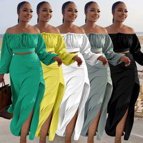 S10158 Latest Design Skirt Set for Women Off Shoulder Top High Waist Split Long Skirt Sets Women 2 Piece Outfits for Women
