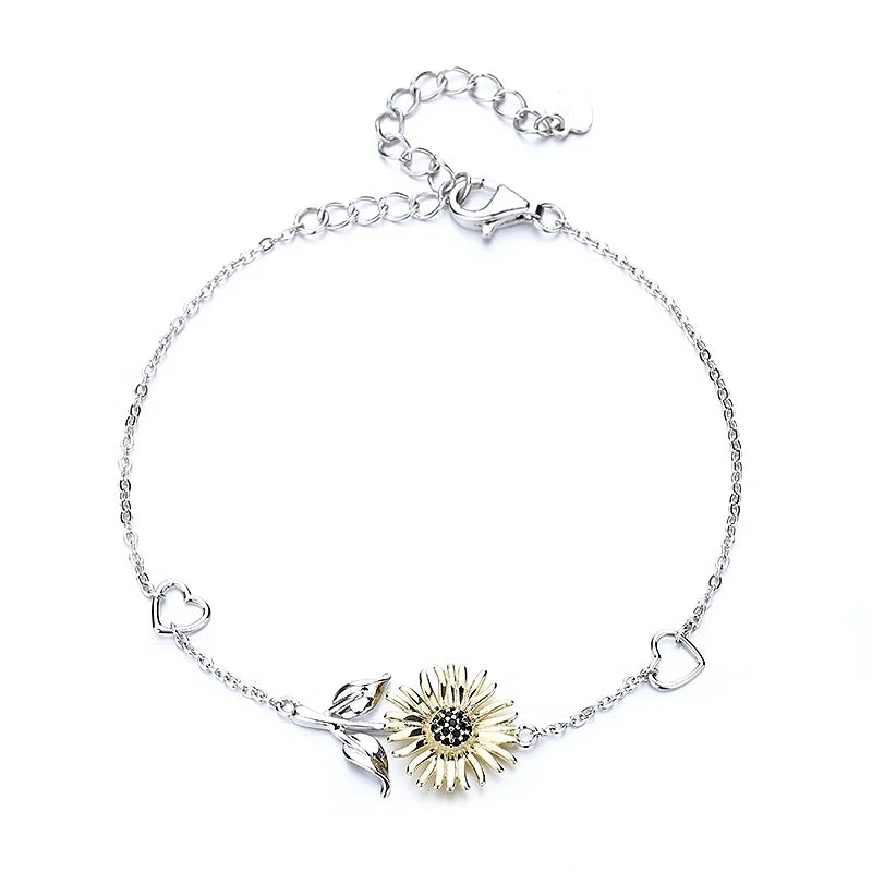 Adjustable 925 Sterling Silver Plated Rhodium Gold Sunflower Fashionable VVS Black Moissanite Charm Chain Link Bracelet Women