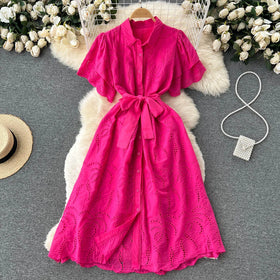 Luxury Minority Hollow Embroidered Dress Women's Summer New Tight Waist Slimming Casual Dress