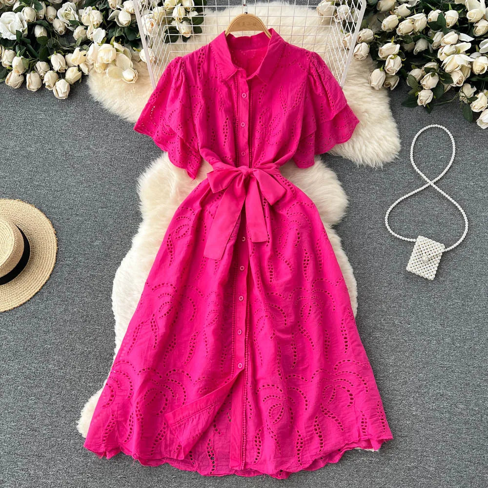 Luxury Minority Hollow Embroidered Dress Women's Summer New Tight Waist Slimming Casual Dress