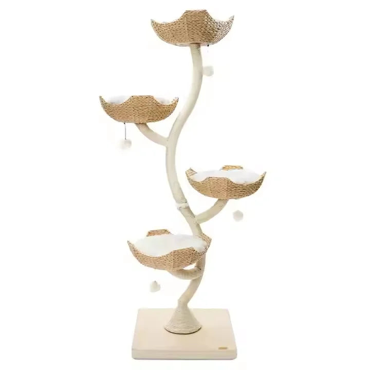 2024 New Multi-level Pet Scratcher Modern Solid Wood with 3 Baskets Wood Tower Furniture Tower Cat Tree Wooden Cat Tree