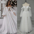11894# Real Photos Puffy Sleeves Sweetheart Illusion Back High Side Slit A-line Tulle Women's Wedding Dress Bridal Gown