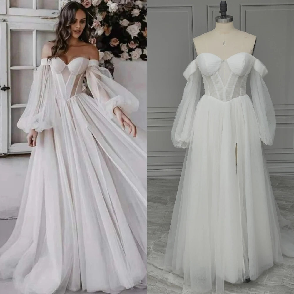 11894# Real Photos Puffy Sleeves Sweetheart Illusion Back High Side Slit A-line Tulle Women's Wedding Dress Bridal Gown