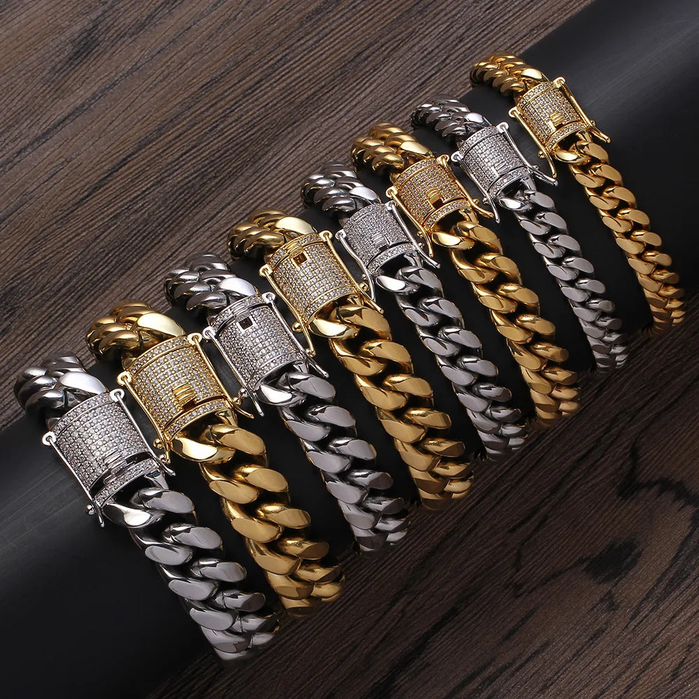 BB001 8mm 10mm 12mm 14mm  7inch 8inch Stainless Steel Bracelet Jewelry with Brass Setting CZ Clasp Hip Hop