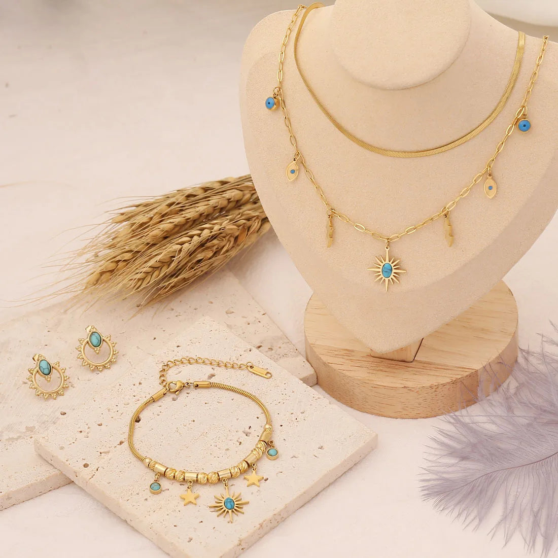 Western Fashion 18k Gold Plated Stainless Steel Turquoise Necklace Bracelet and Earring Jewelry Sets