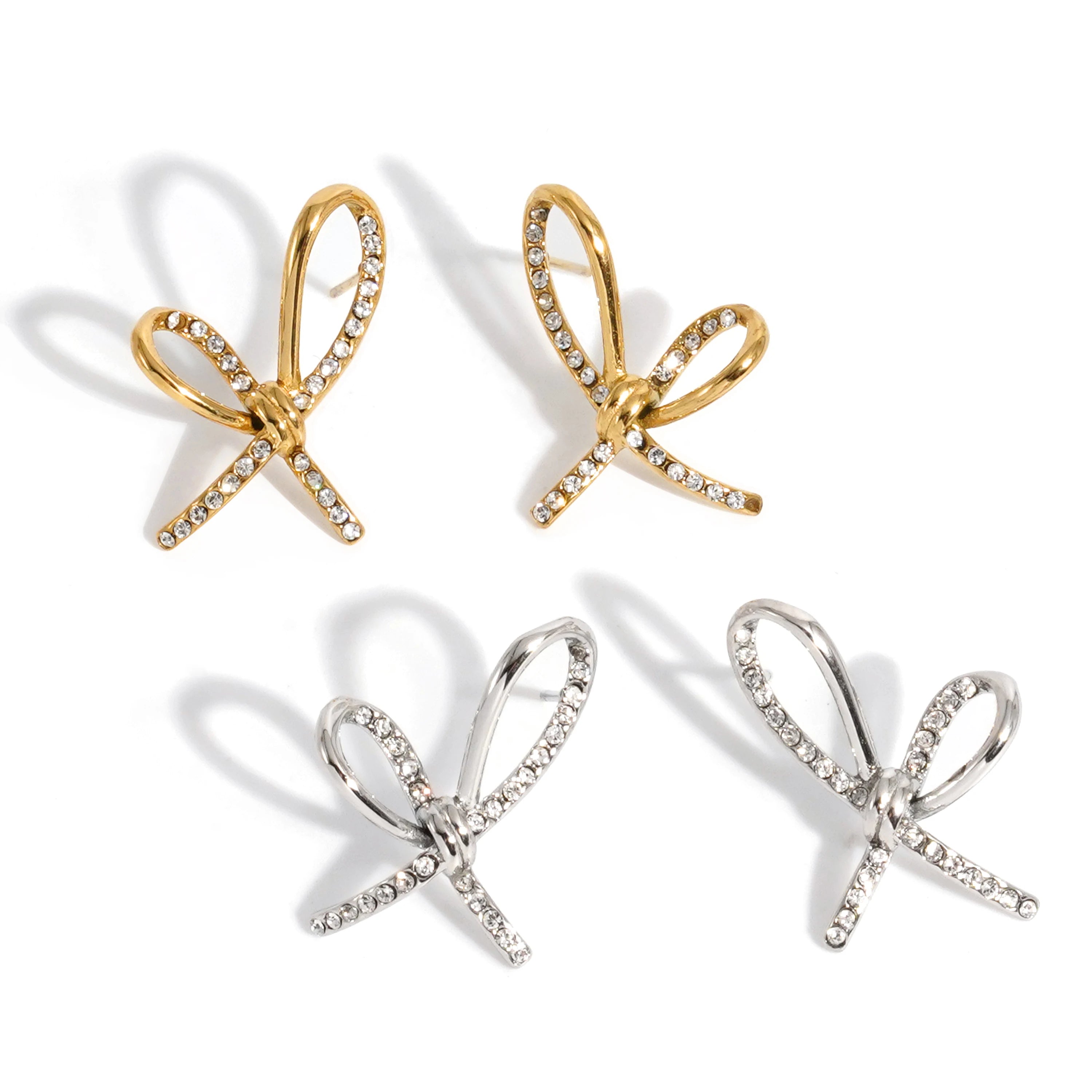 Clioro New Trendy Gold Plated Stainless Steel Stud Earrings Waterproof with Zircon Bow Delicate Fashion Jewelry