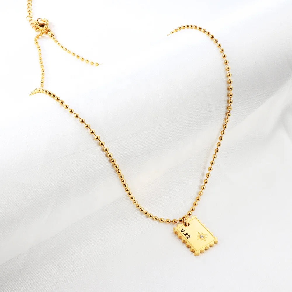 ASON Pvd 18k Gold Plated Stainless Steel Jewelry Necklace Custom New Depict Carving Letter Rectangle Pendant Necklace