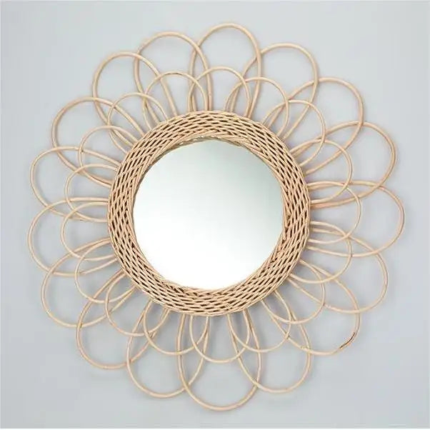 50cm Features Handmade Northern Europe Homestand Rattan Wall Hanging Mirror Willow Woven Original Wood Decorative Mirror