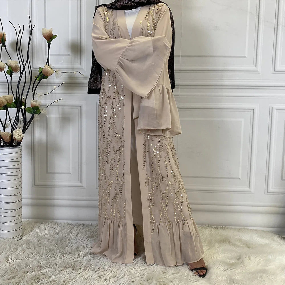 BEST Price Chiffon Sequin Women Maxi Dress Open Abaya Pakistan Wholesale Front Open Kaftan Abaya Long Dress for Eid Mubarak