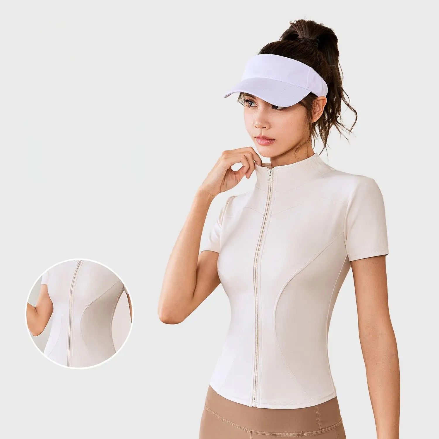 High Stretch Breathable Quick Dry Women's Sports Jacket Lightweight Nude Seamless Fitness Short Sleeved Stand Collar Yoga Top