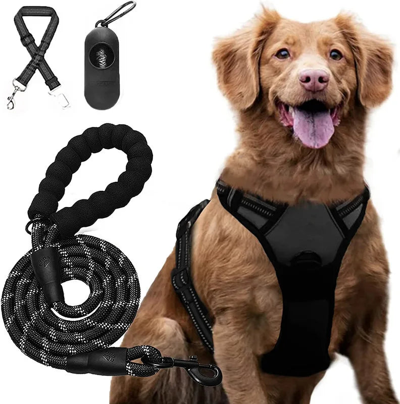 2023 No Pull Reflective Adjustable Pet Dog Collar Harness Leash Set with Pet Poop Bag Dispenser for Medium Big Dog