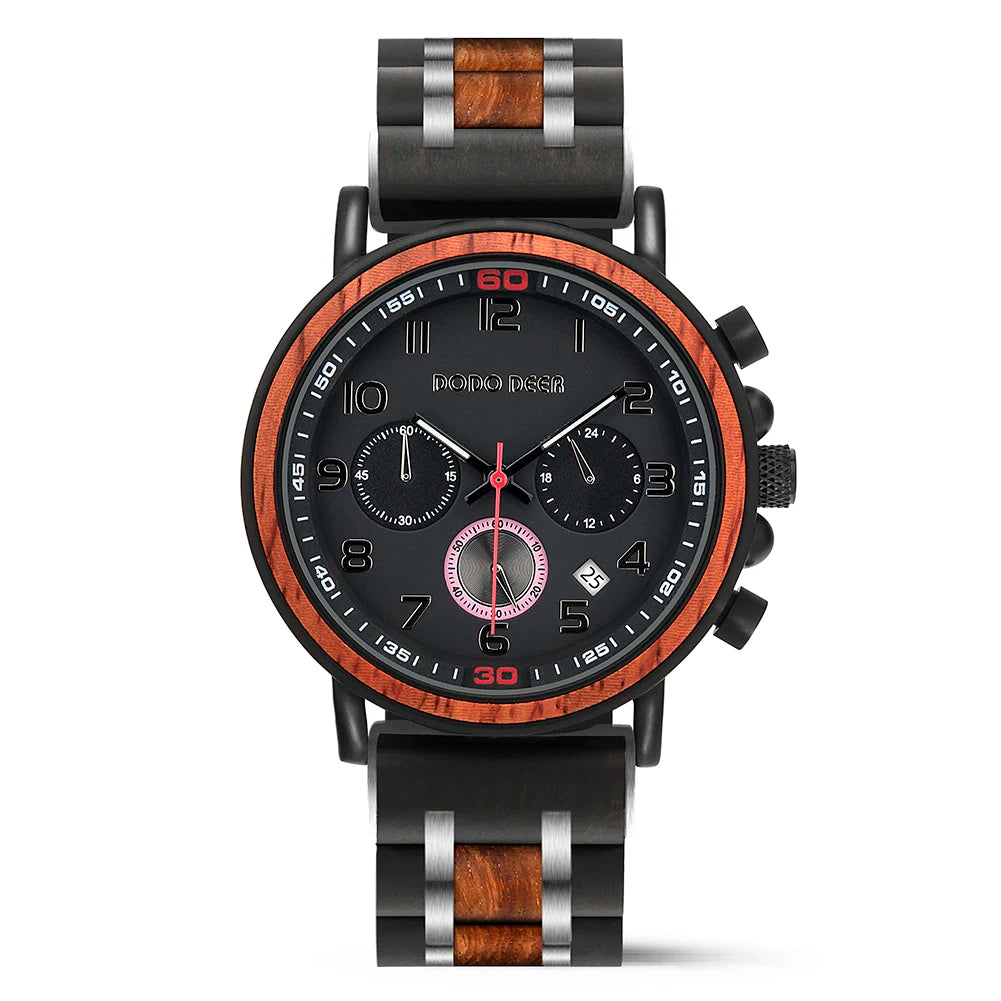 DODO DEER Men's Stainless Steel Wooden Watch 22mm Antique Fashion Style Customizable Logo Engraved Buckle Ebony Wood Glass