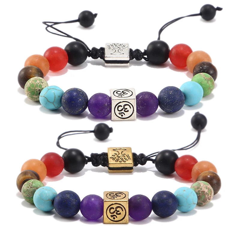 8mm Natural Stone Square Life Tree Seven Chakras Yoga Energy Bead Bracelet Religious Style Wedding or Gift Bangles