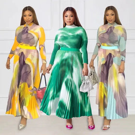 Fashion Design Two Piece Set Women Clothing Waffle Elegant Pleated Long Sleeve Short Top and Skirt Set Outfits for Women
