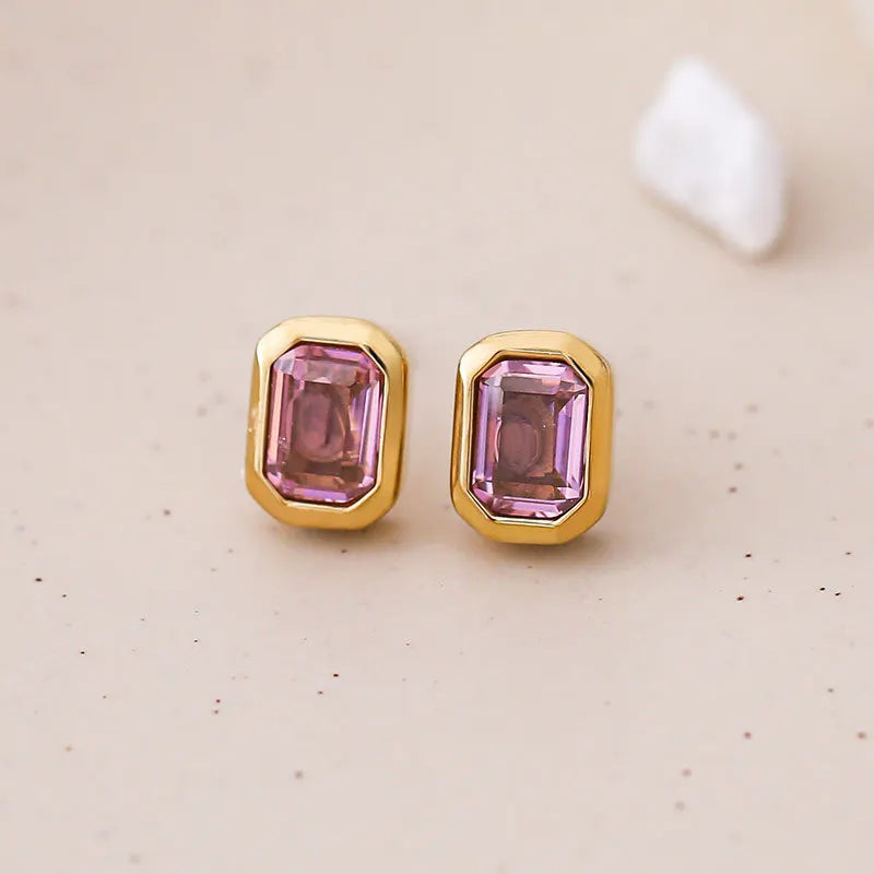 Tarnish Free Stainless Steel Jewelry Gold Plated Color Cubic Zirconia Rectangle Crystal Stud Earrings