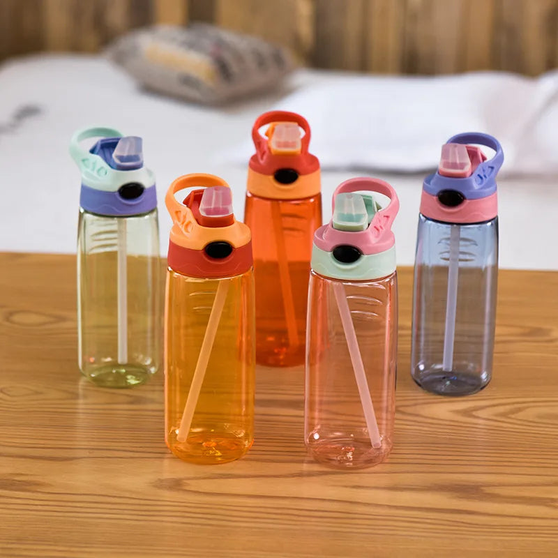 Custom Logo Portable Transparent PP Straw Eco-Friendly Water Bottle for School Kids with Handle Lid