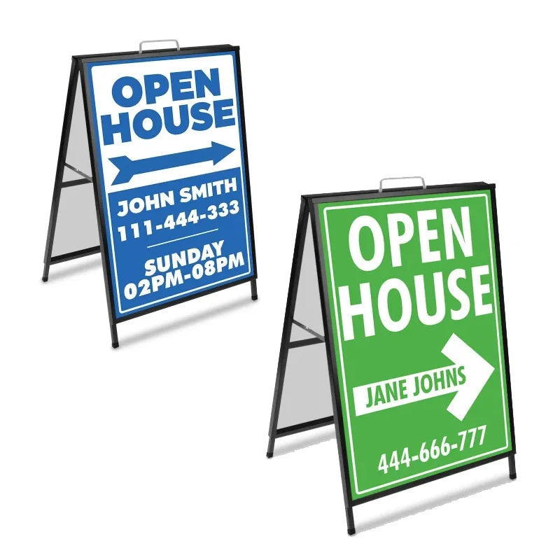 a Frame Sidewalk Signs 24 X 36 Double-Sided Metal Sandwich Board Slide-in Folding Outdoor Open House Sign Board