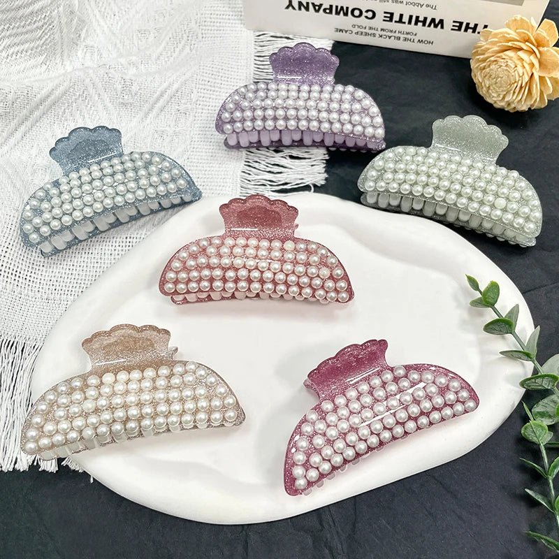 Custom Made Pearl Beaded Decor Hair Clip Korean Trending Shark Claws Pins Plastic Hair Accessories for Girls
