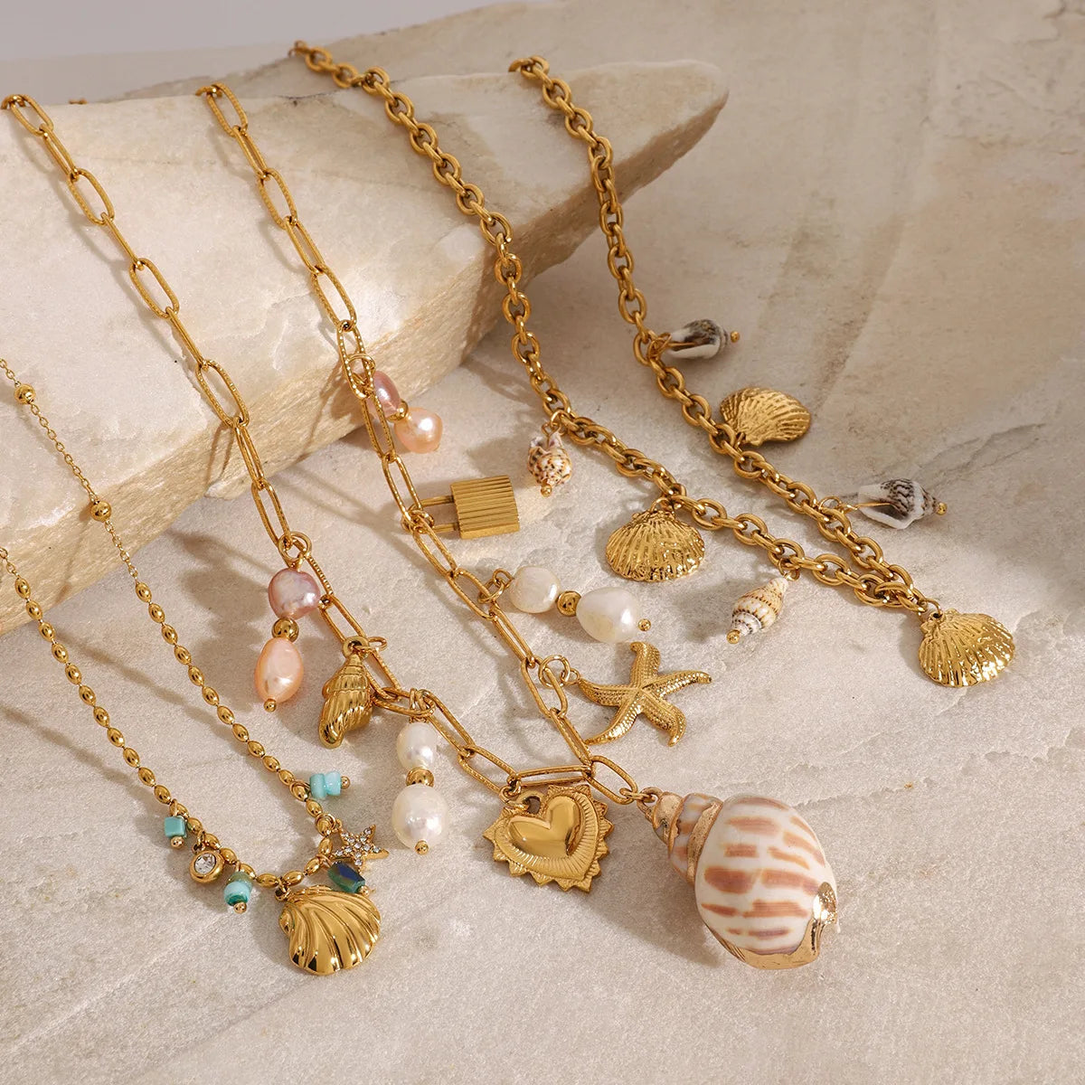 18k Pvd Gold Plating Stainless Steel Heart Shell Ceramic Coral Starfish Conch Sea Snail Fish Pearl Shell Ocean Necklace