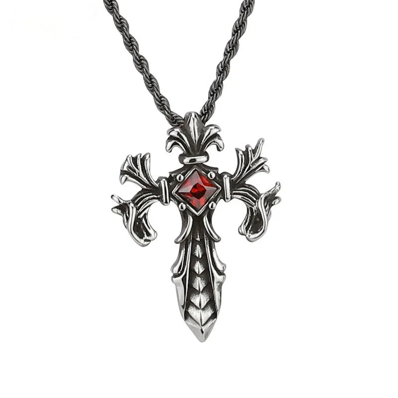 Fashion Red Stone Crystal Rhinestone Necklace Stainless Steel Cross Sward Pendant for Hiphop Men Rapper Jewelry