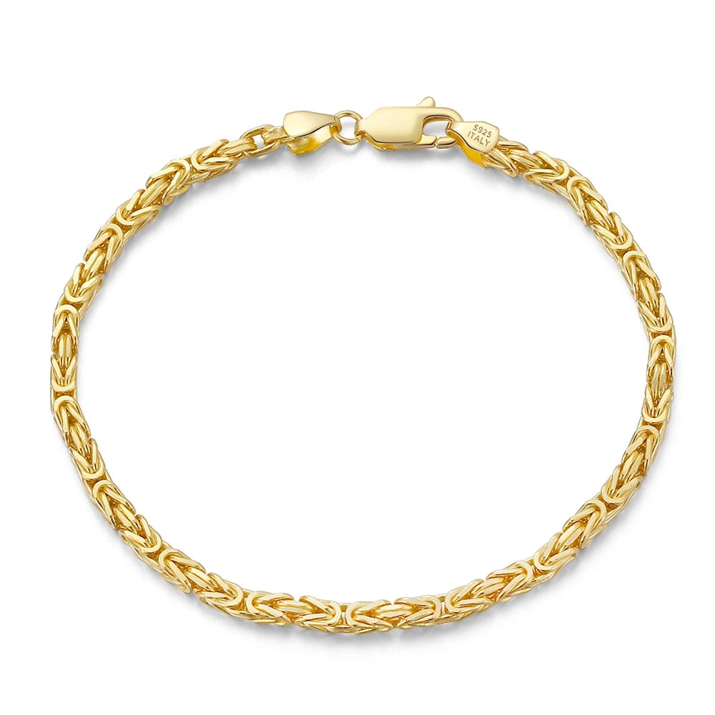 RINNTIN SB122 Mens 925 Sterling Silver 2.5mm Byzantine Box King Chain Bracelets HipHop 18K Gold Plated Fashion Jewelry