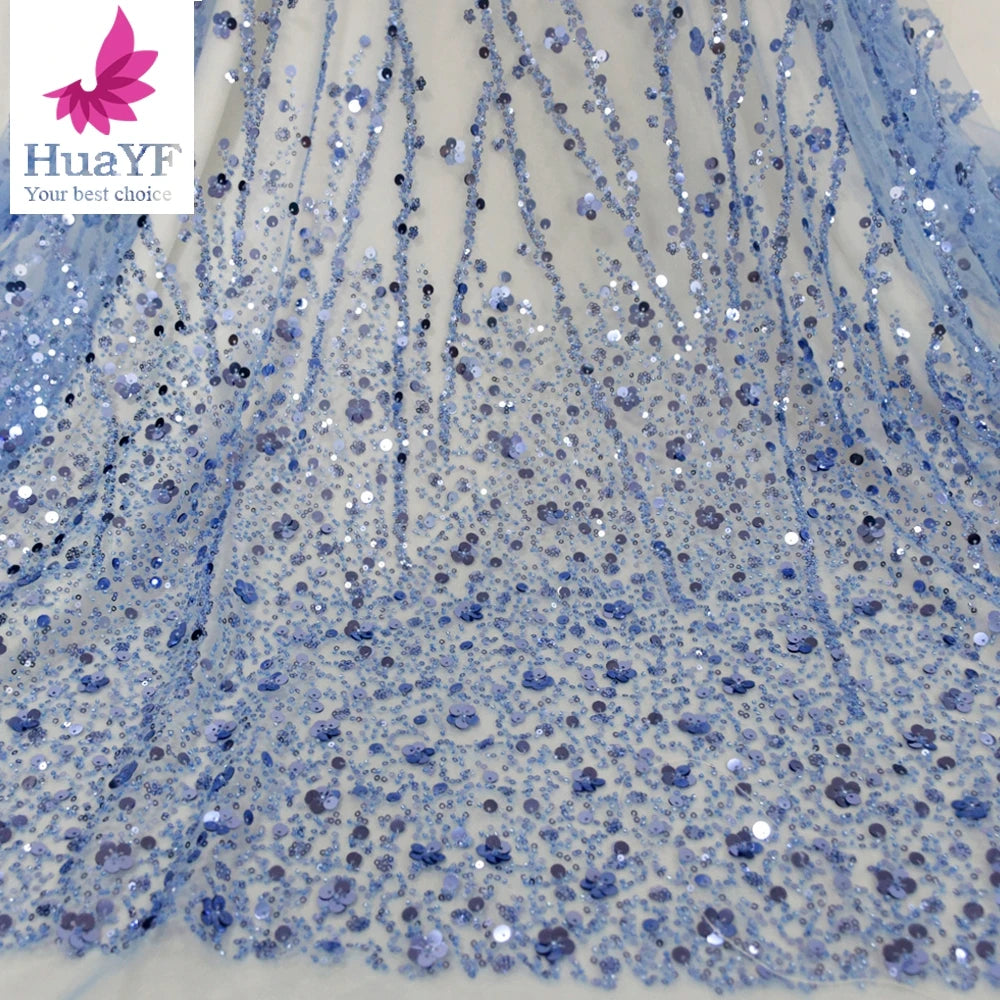 Silver Beaded Lace Shining Embroidery Crystal Sequins Lace Dress Hot Top Quality African Sky Blue for 5 Yards HY1306-11