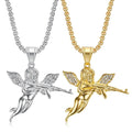 18K Gold Plated Hip Hop Style Revenge Angel Pendant Necklace with Zircon Square Pearl Chain Fashion Religious Men's Jewelry