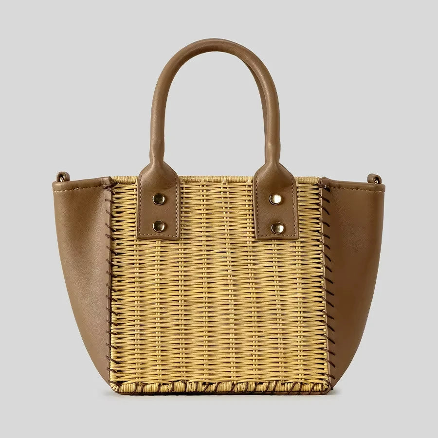 2025 New Arrivals Summer Beach Bag PU Leather Patchwork Straw Bags Large Capacity Rattan Tote Purses