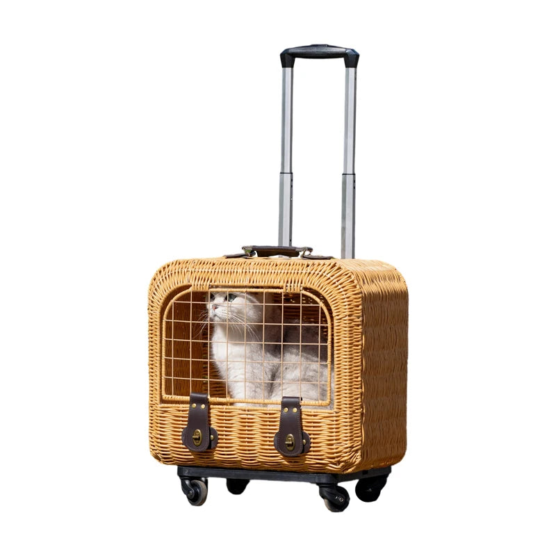 Quickly Delivery Custom Pet Cat Carrier Bag Rattan Weaving Portable Cat Trolley Bag Handmade Cat Travel Bag Large Capacity