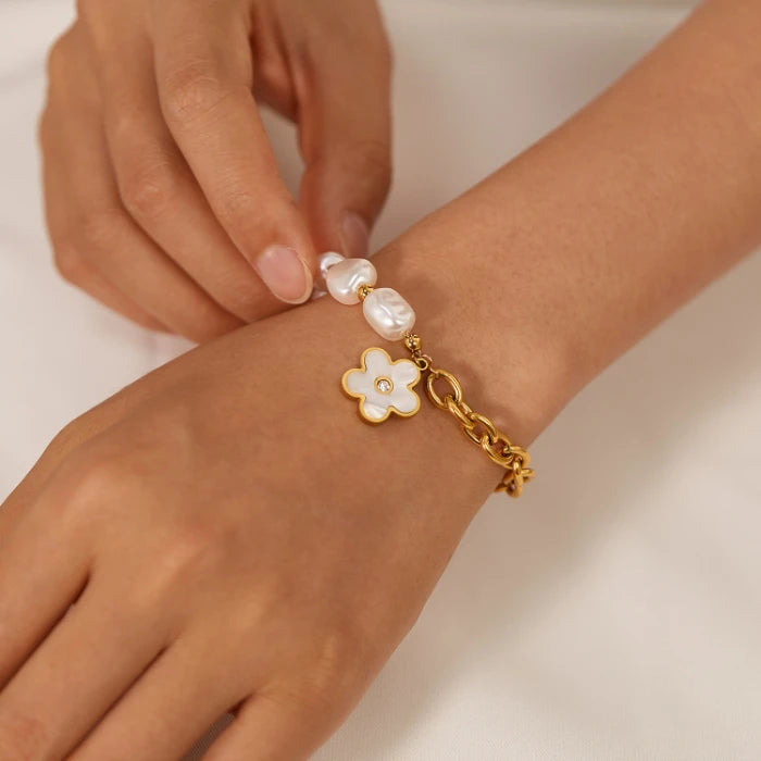 MC172 Wholesale Stainless Steel Ladies Jewelry Pearl Oysters Flower Pendant Bracelet Chunky Chain Gold Plated Bracelet for Women