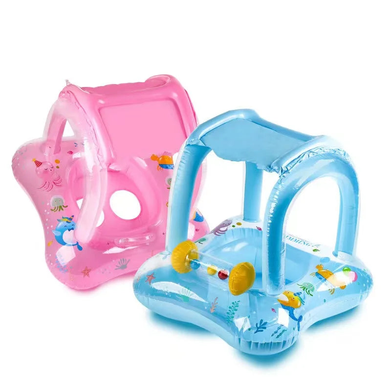 2023 New Summer Water Sport Kids Inflatable Cartoon Swim Ring Children Swim Seat Ring with Canopy Non Phthalate PVC