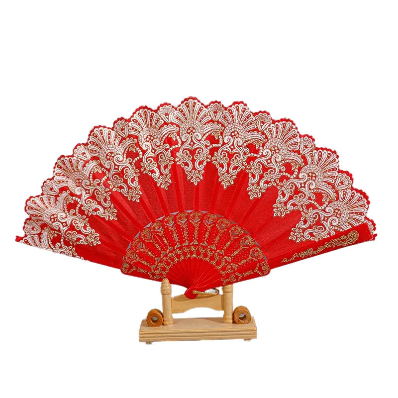 New Art Craft Gift Chinese Style Folding Fan Hand  Classical Gold Powder Plastic Dance Wedding Silk Cloth Party Folding Fan